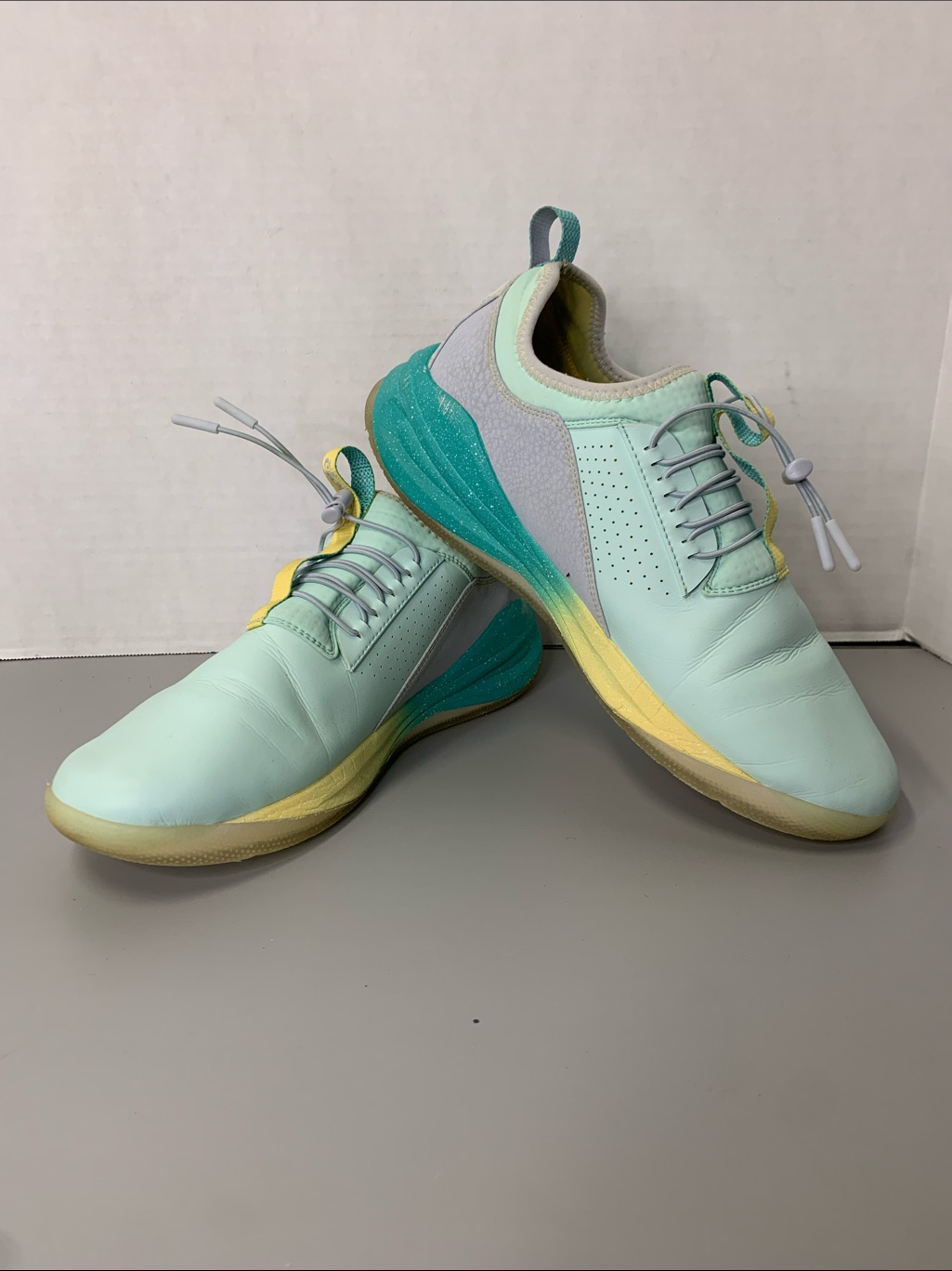 Clove Size- Woman’s 12.5 Men’s 11 Seafoam Green,Aqua,Yellow Slip-On Shoe.
